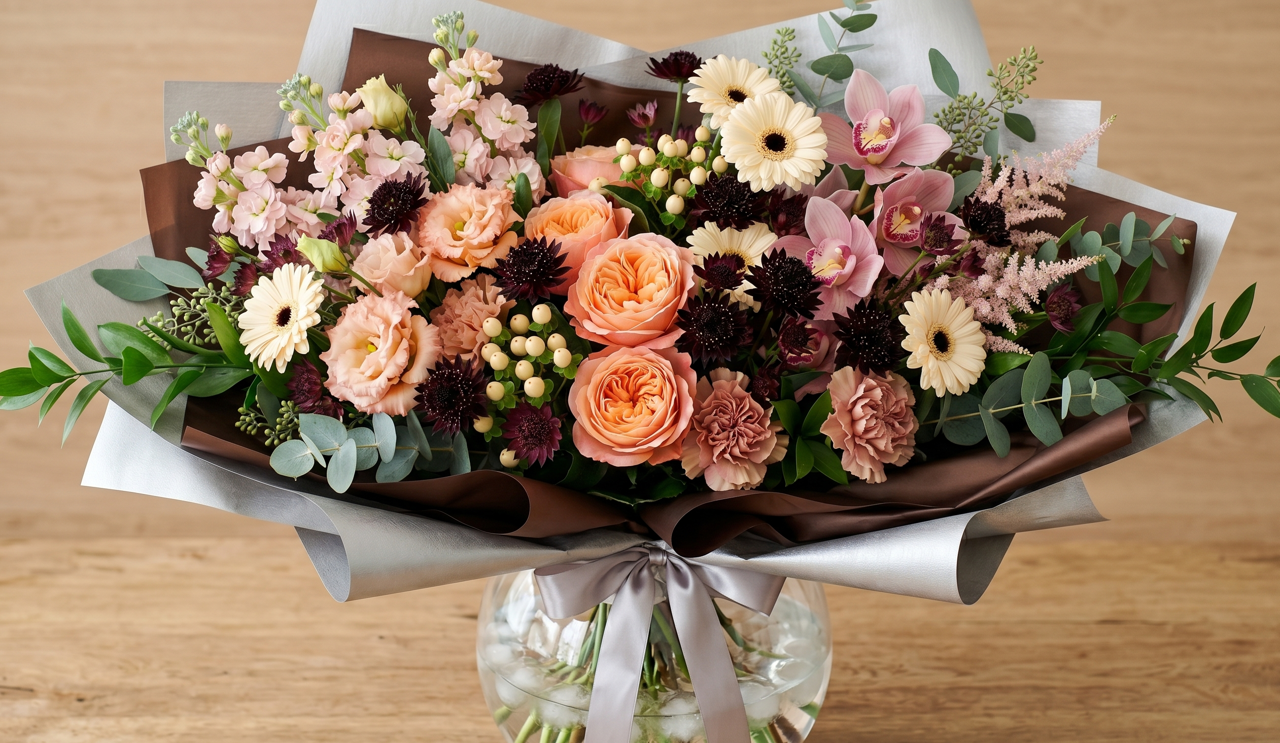 Bouquet – Rose poudré, pêche, crème, blanc et bordeaux
