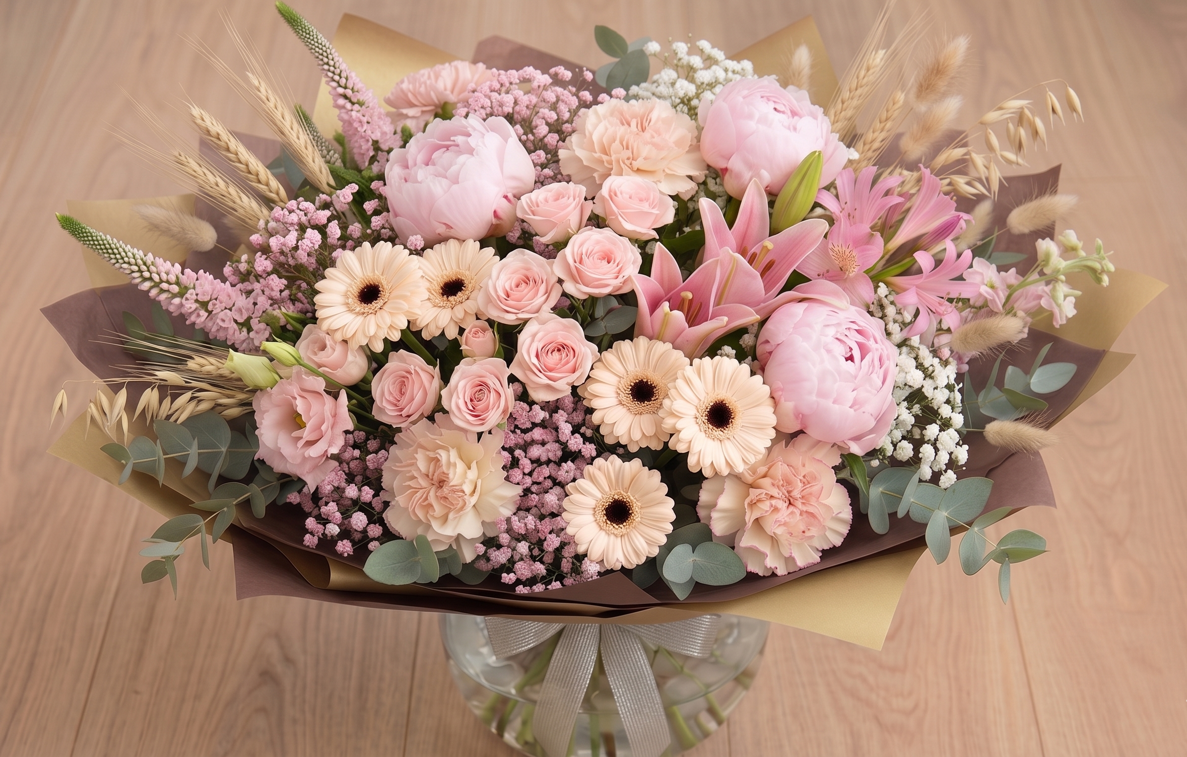 Bouquet – Tons doux : rose poudré, crème, beige
