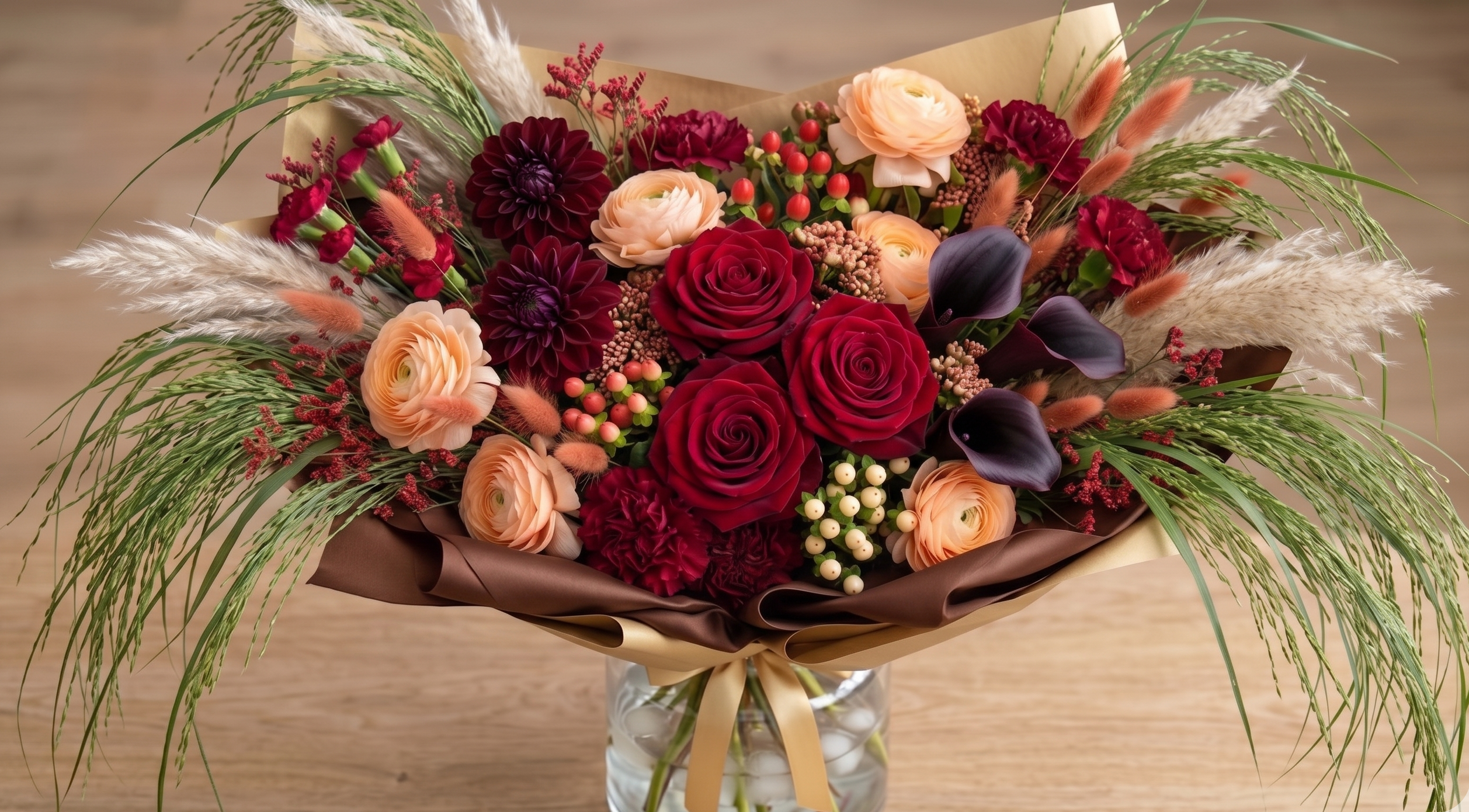 Bouquet – Tons chauds : rouge, bordeaux, pêche, beige