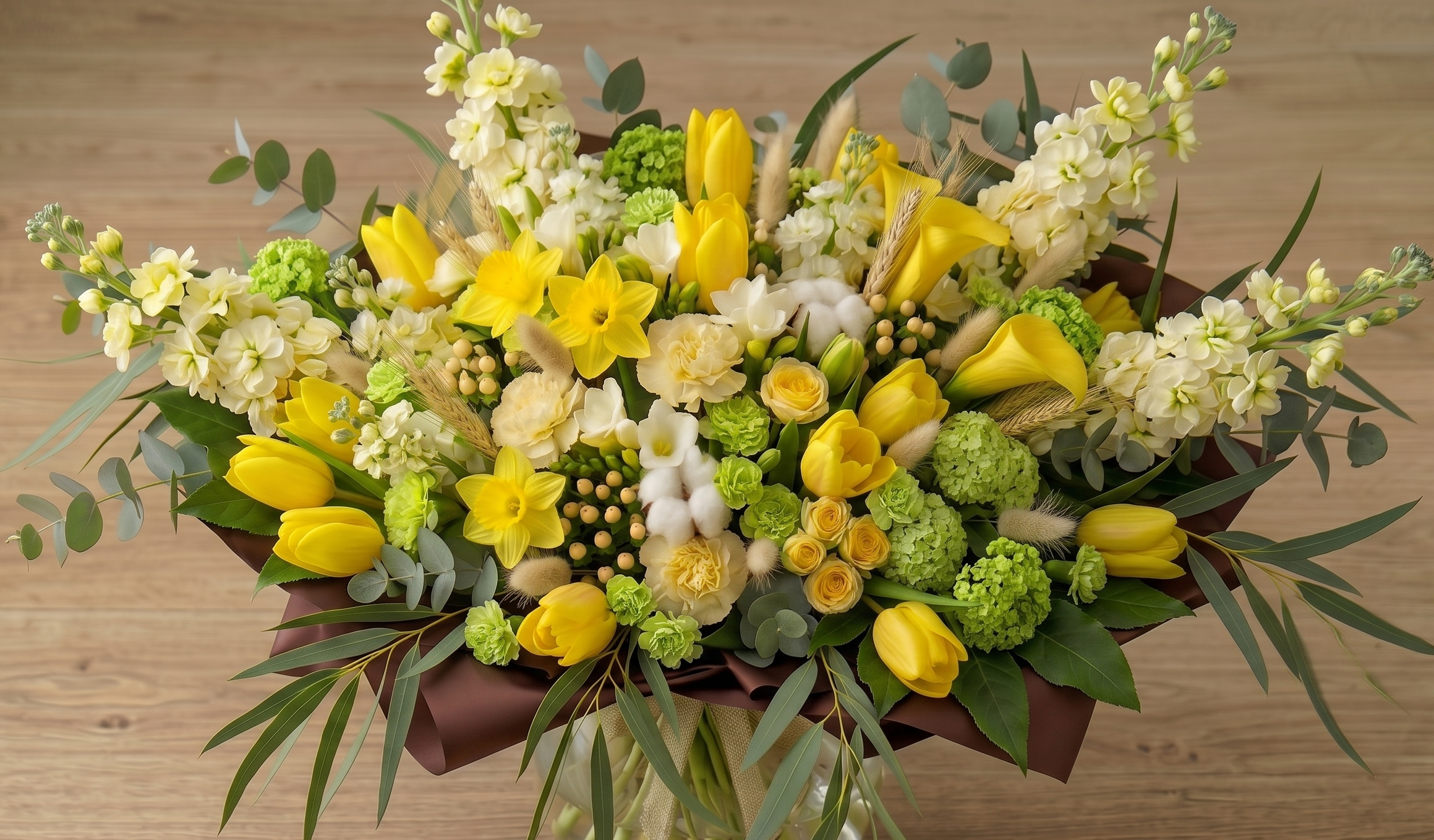 Bouquet – Tons chauds : jaune, crème, vert