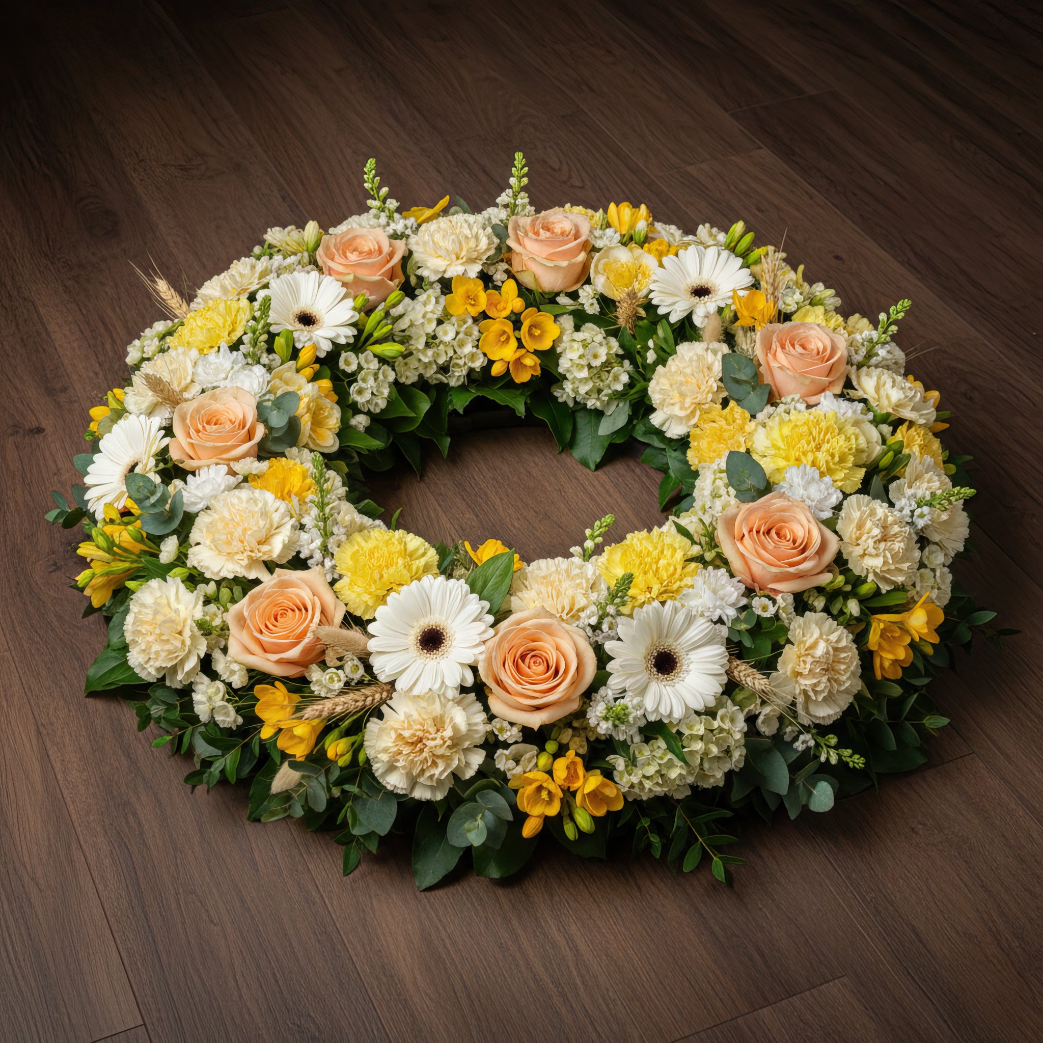 Couronne florale – Dominante jaune, nuances de blanc et de crème
