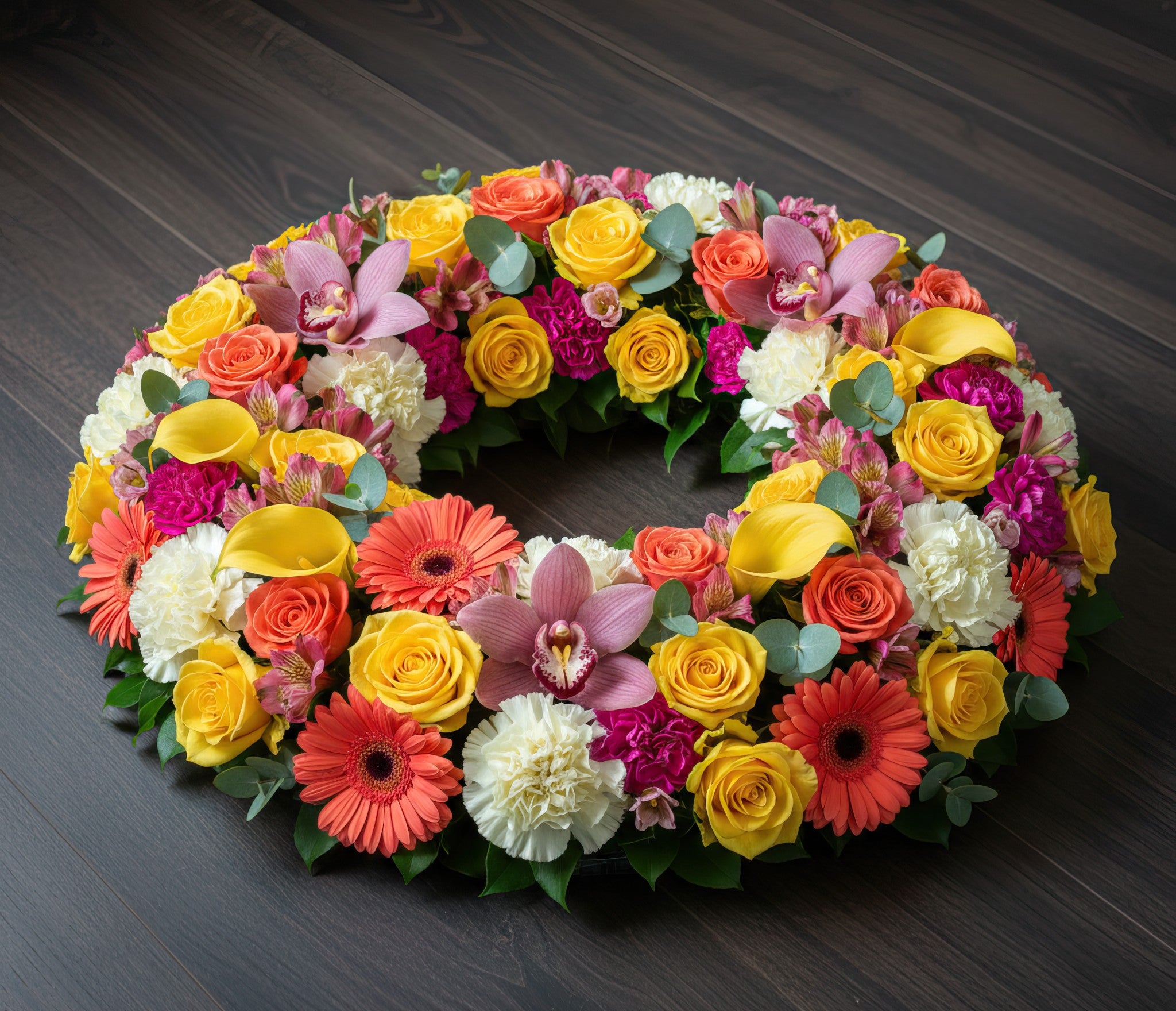 Couronne florale – Dominante jaune, nuances d’orange et de rose