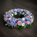 Couronne florale – Dominante rose, nuances de violet et de bleu
