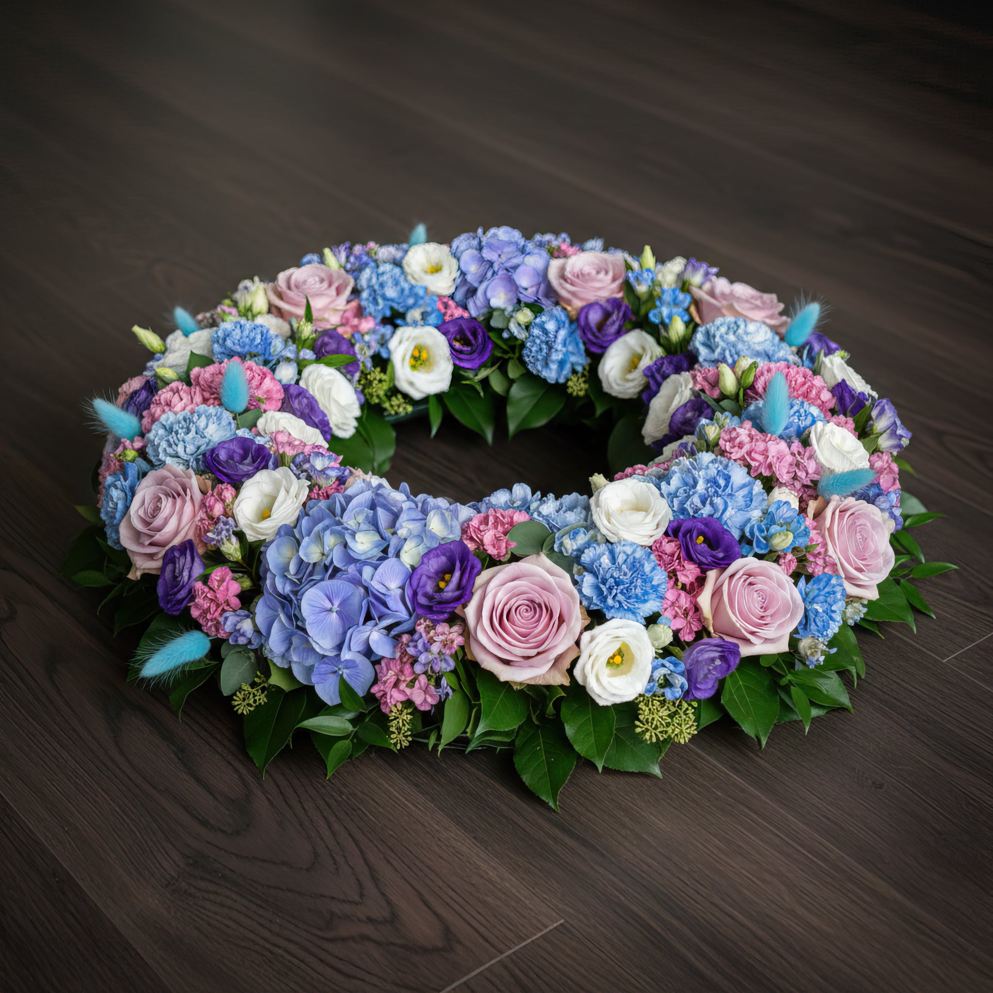 Couronne florale – Dominante rose, nuances de violet et de bleu