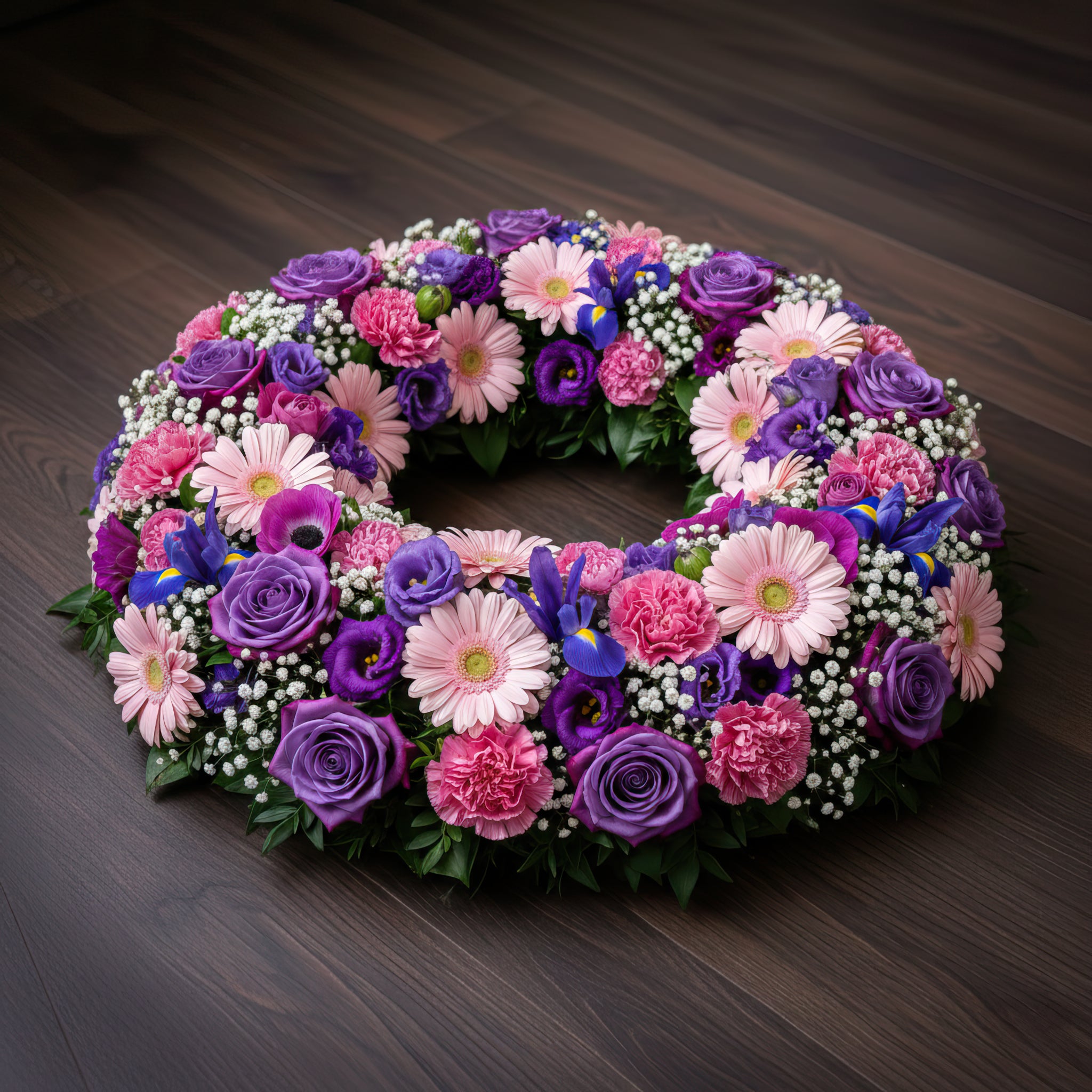 Couronne florale – Dominante violette, nuances de rose et de blanc