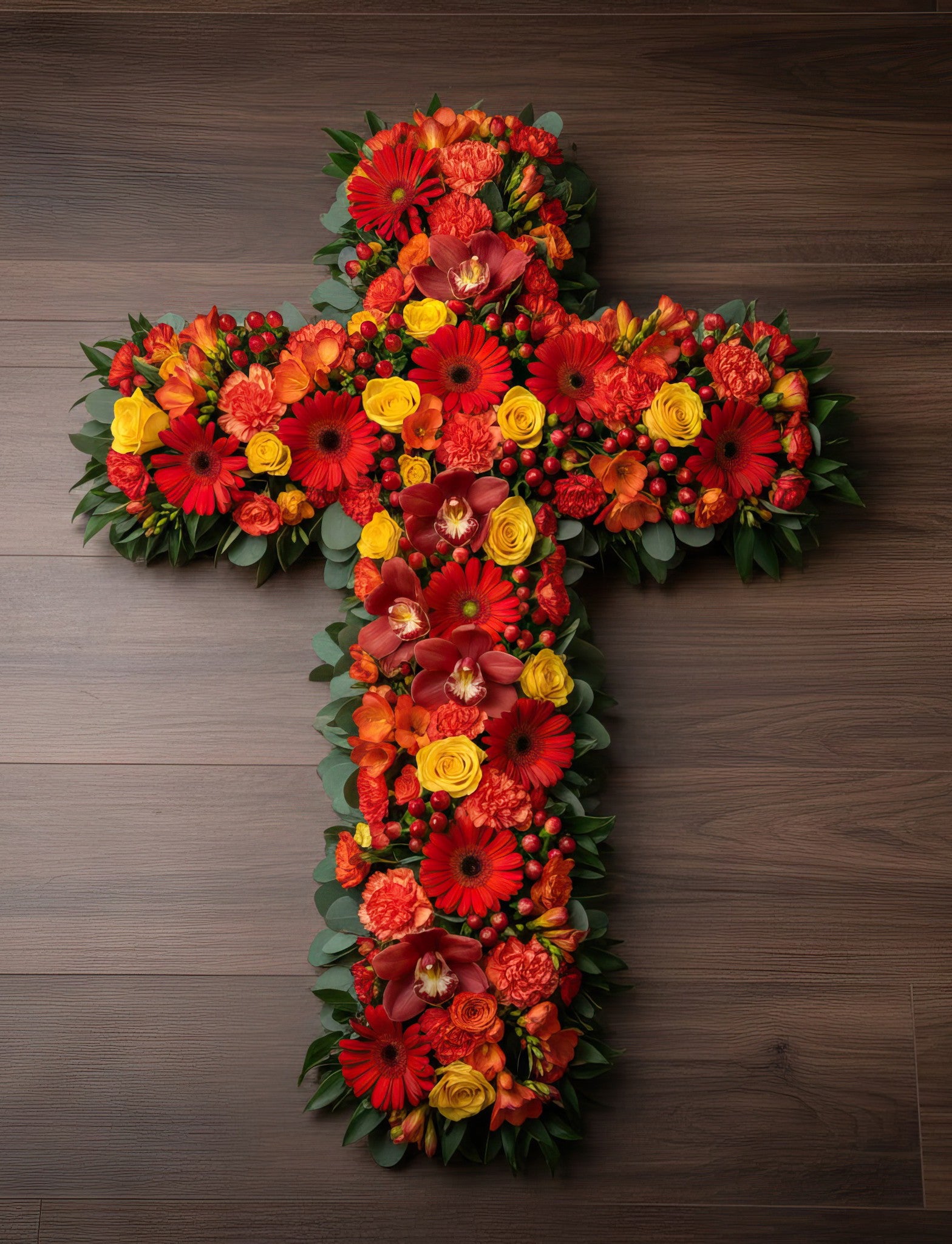 Croix florale – Dominante orange, nuances de rouge et de jaune