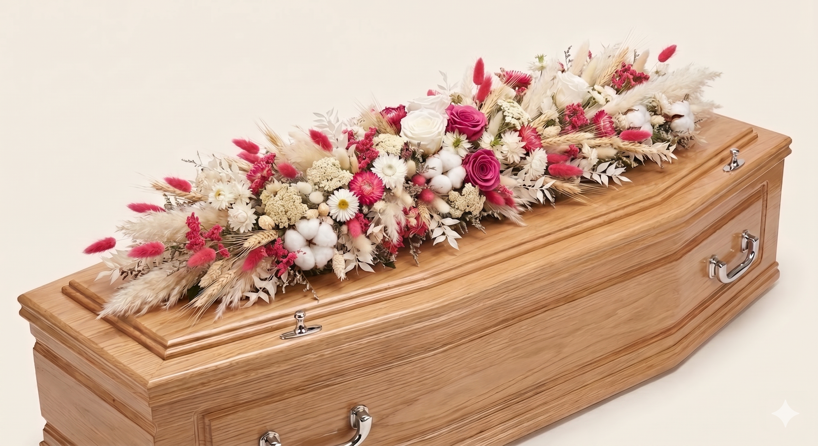 Dessus de cercueil – Gamme Enfants – Fleurs séchées et stabilisées – Tons naturels, blanc et rose