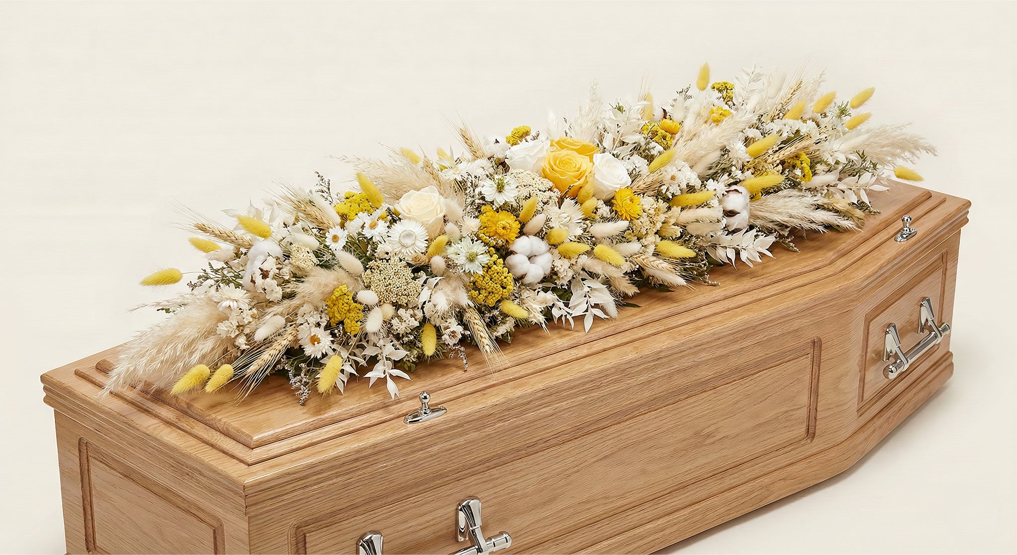 Dessus de cercueils – Gamme Enfants – Fleurs séchées et stabilisées – Tons naturels, blanc et jaune