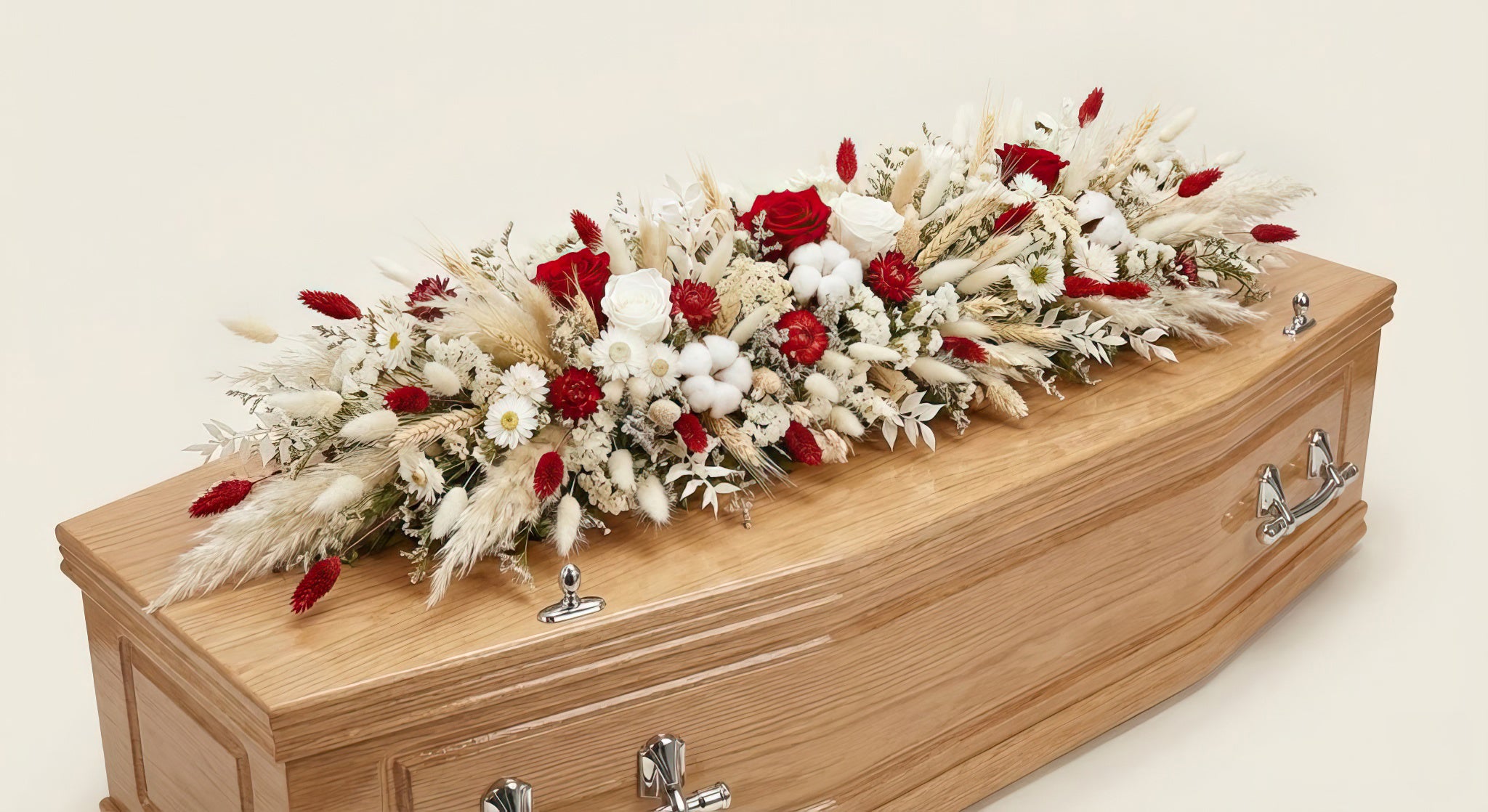 Dessus de cercueil – Gamme Enfants – Fleurs séchées et stabilisées – Tons naturels, blanc et rouge