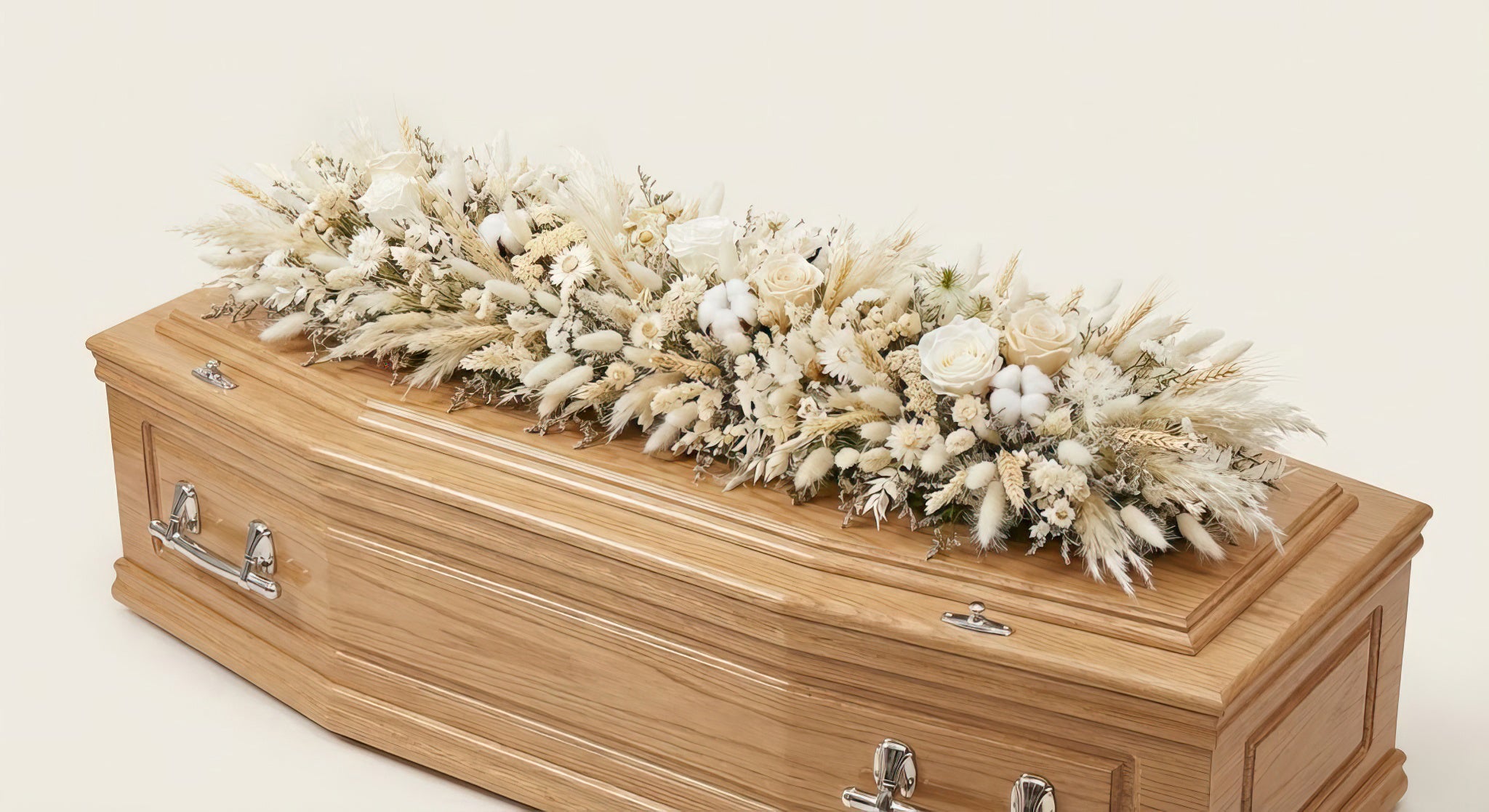 Dessus de cercueil – Gamme Enfants – Fleurs séchées et stabilisées – Tons naturels et blanc