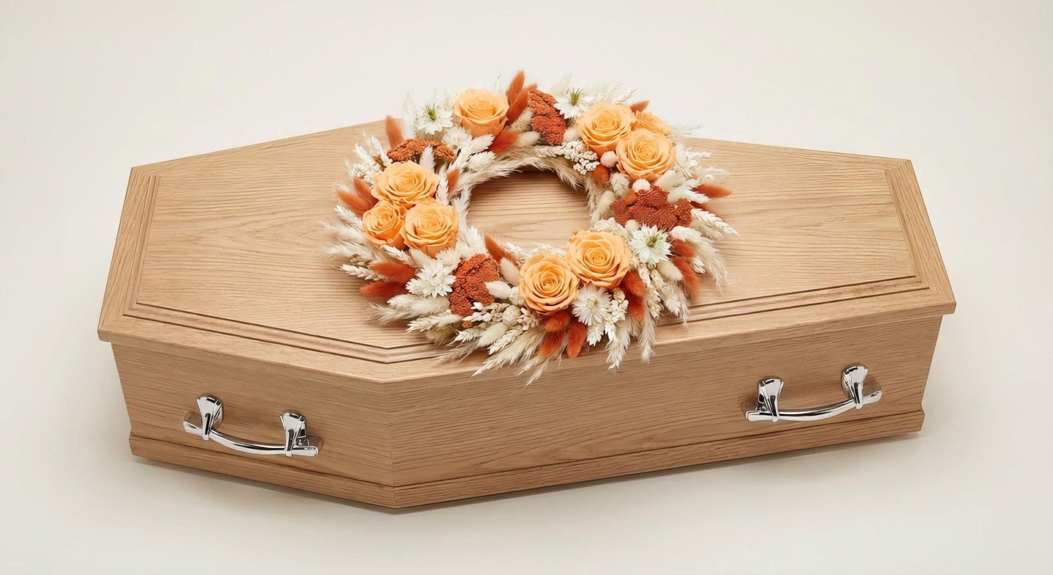 Couronne en fleurs séchées et stabilisées – Gamme Enfants – Tons naturels, blanc et orange