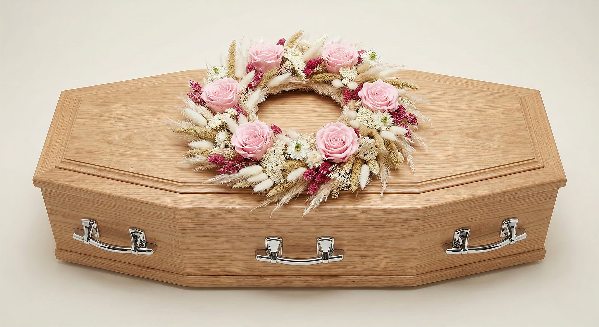 Couronne en fleurs séchées et stabilisées – Gamme Enfants – Tons naturels, blanc et rose