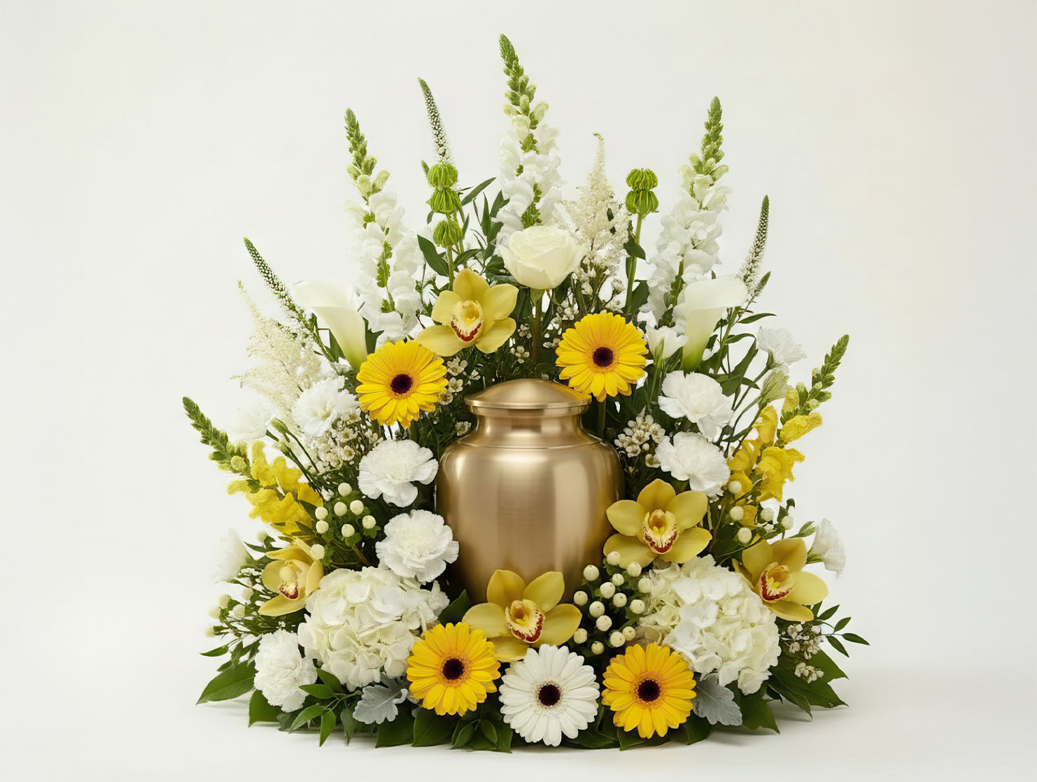 Urne florale élancée – Dominante blanche, nuances de jaune