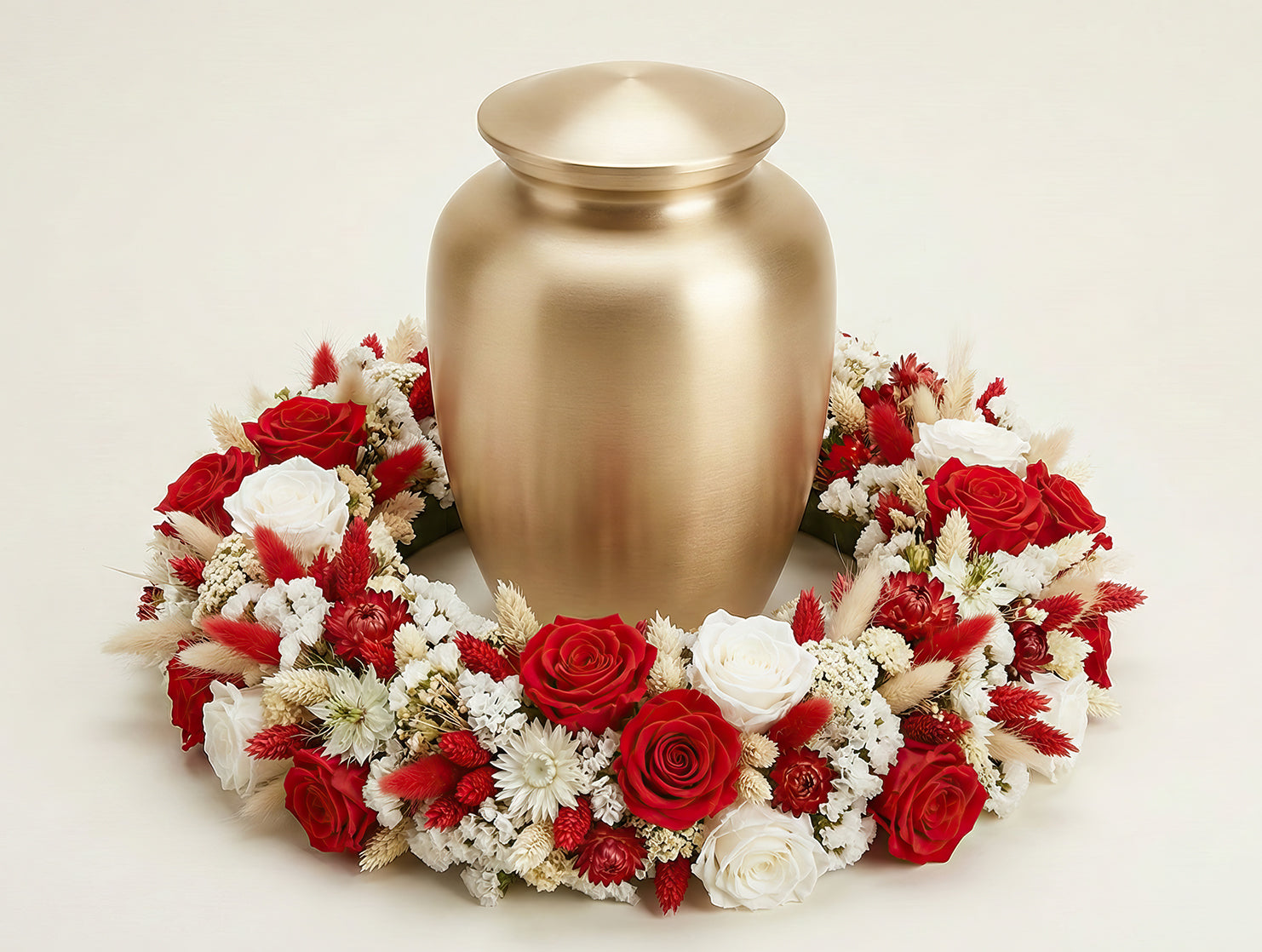 Urne florale en fleurs séchées et stabilisées – Tons naturels, blanc et rouge